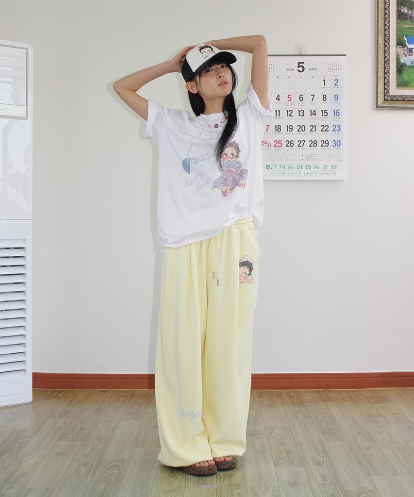 RONRON Betty Boop Lettering Sweat Jogger Pants Soft Yellow