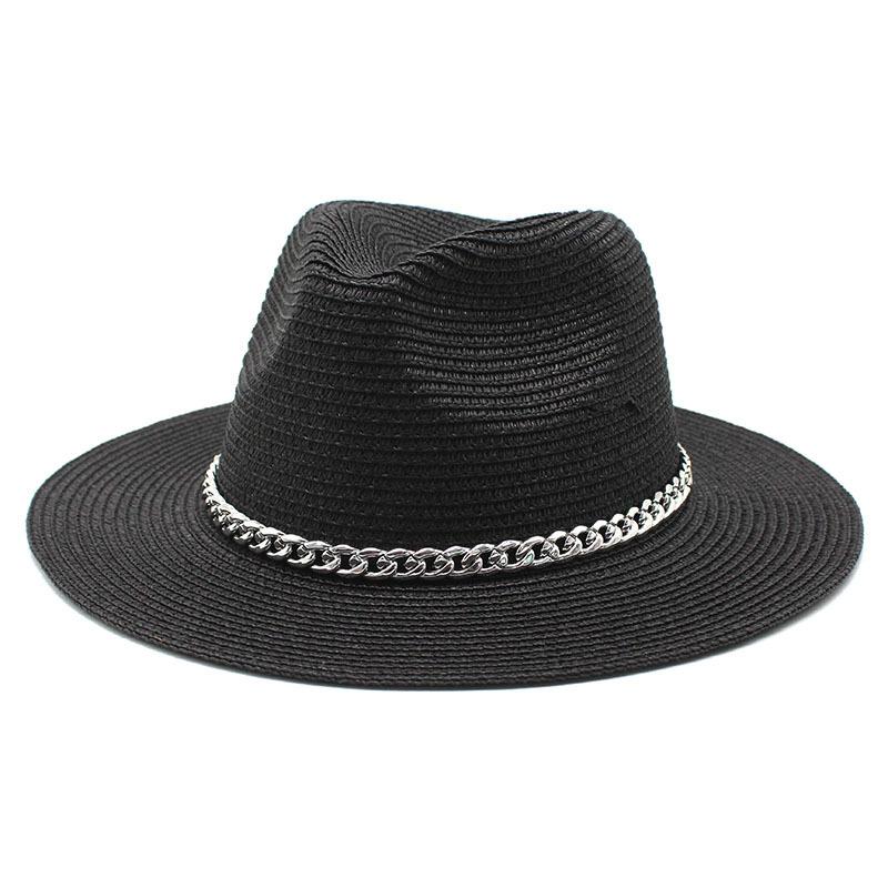 

Spring And Summer Sunscreen Outdoor Sunshade Panama Hat Flat-Brimmed Retro Jazz Top Hat Men S And Women S Straw Hats M（56-58cm） чорний
