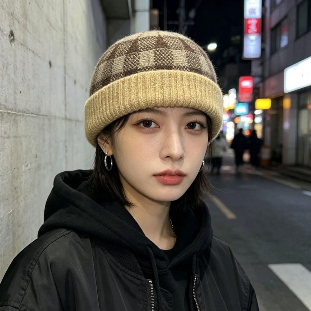 Brimless Melon Skin Hat Leopard Plaid Painter Hat Retro Knitted Beanies Cap Women