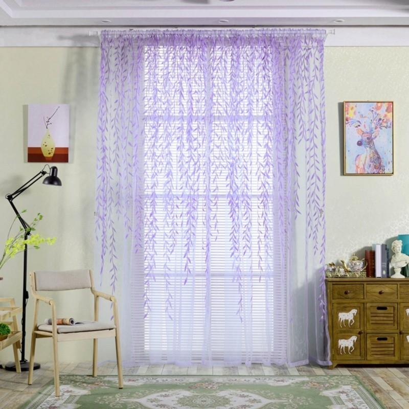 Hot Sale 2 Panels Green Willow Leaves Curtain Print Design Sheer Pattern Voile Panel Drape Room Window Curtains Home Textiles