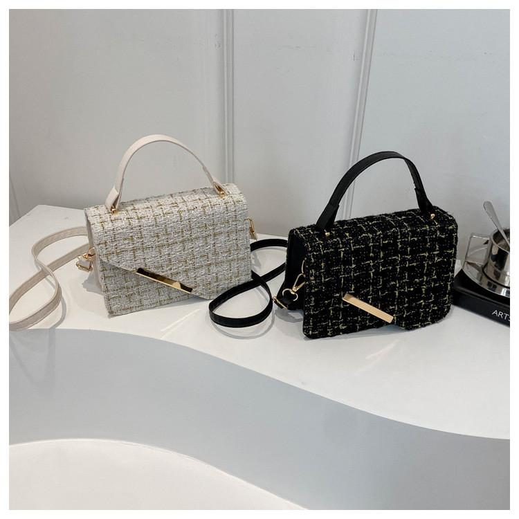 Simple Woven Plaid Texture Diagonal Buckle Women Small Square Bag Casual For