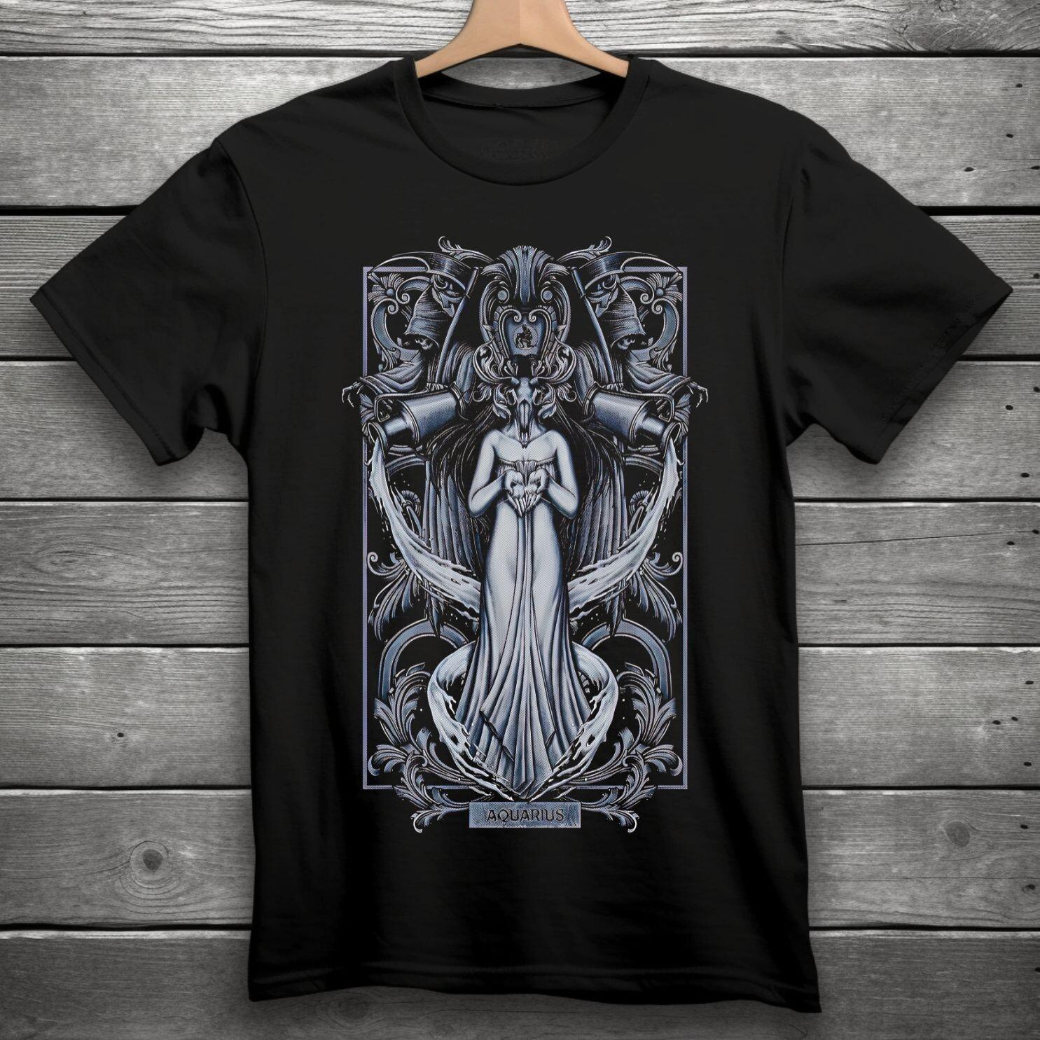 Aquarius Zodiac Sign Goth Skull Unisex Black T-Shirt S-3XL L