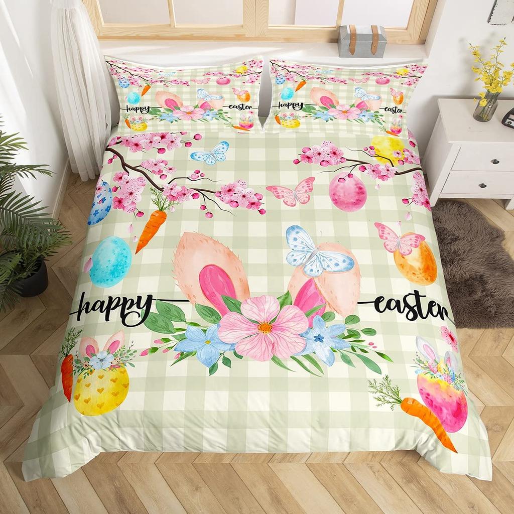 Pink Cherry Blossom Duvet Cover Happy Easter Theme Rabbit Ear Easter Eggs Bedding Set Polyester Butterfly Flower Comforter Cover