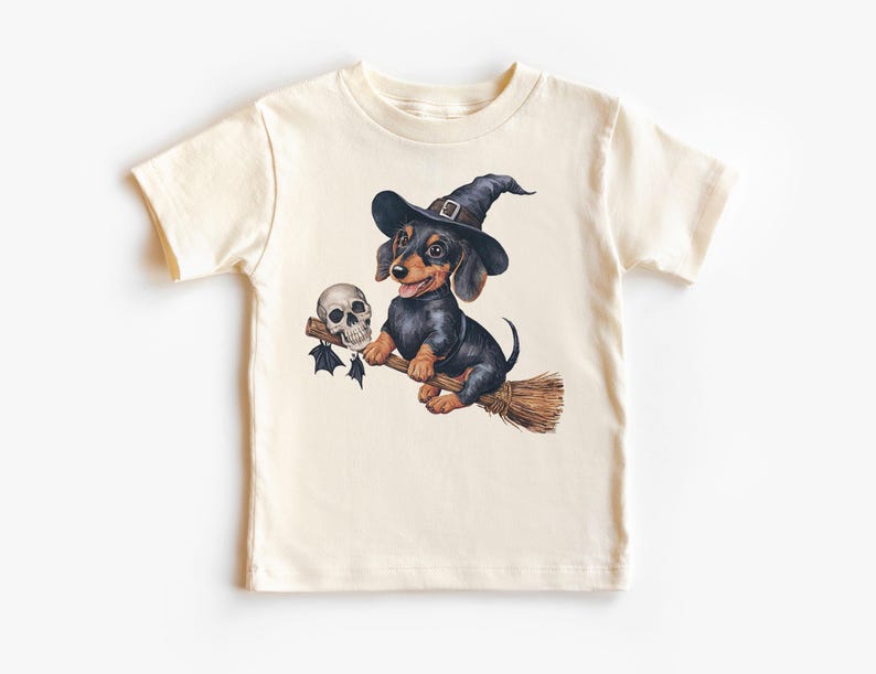 Retro Dachshund Witch Kids Shirt - Funny Doxie Riding Broom - Cute Dog Animal Lover Toddler & Toddler Natural T-Shirt 110