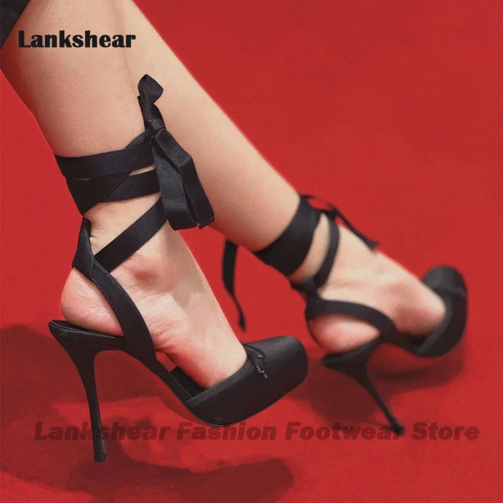 

Fashion -Tied Ballet Shoes Bow Decor Satin High Heels Sandals Square Toe Stiletto Pumps Summer Women Sandals Zapatos Para Mujere 34