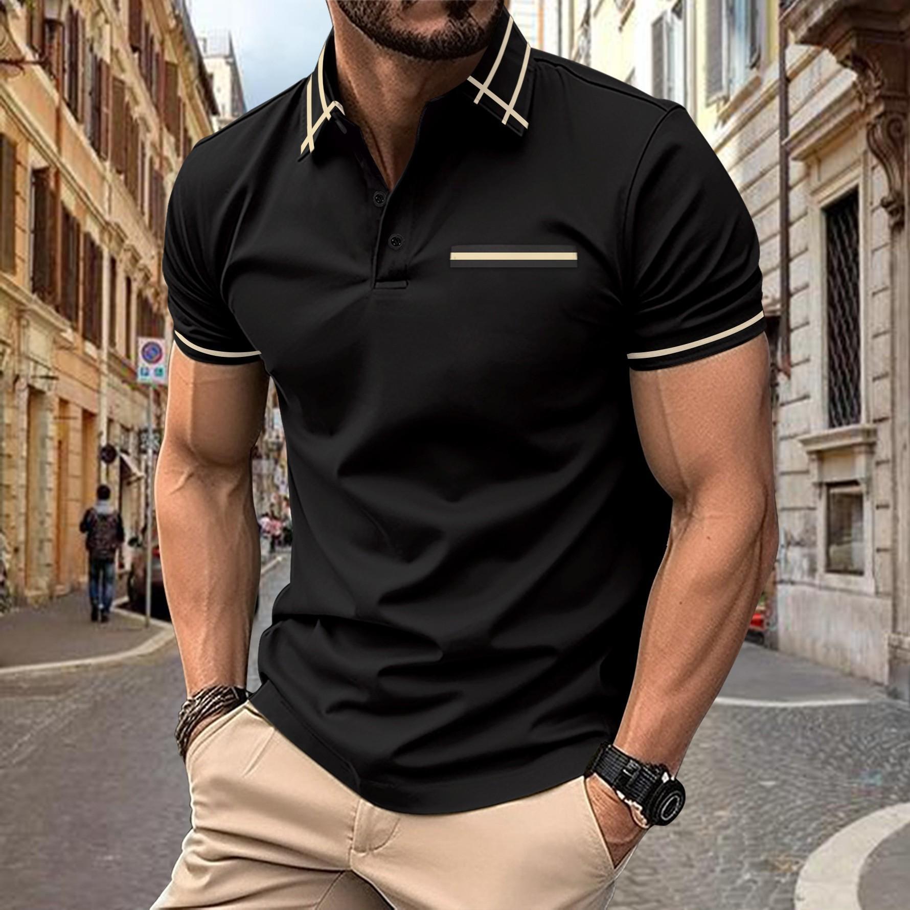 New Men s Casual Black Polo Shirt Chest Pocket Buttons Versatile T-shirt Tops S чёрный