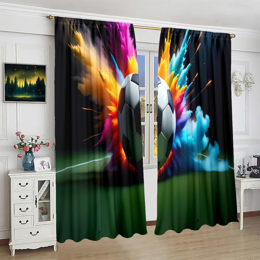 2 Pieces - Football Print Curtain - Polyester Material - Suitable for Bedroom, Living Room, Study, Private Space