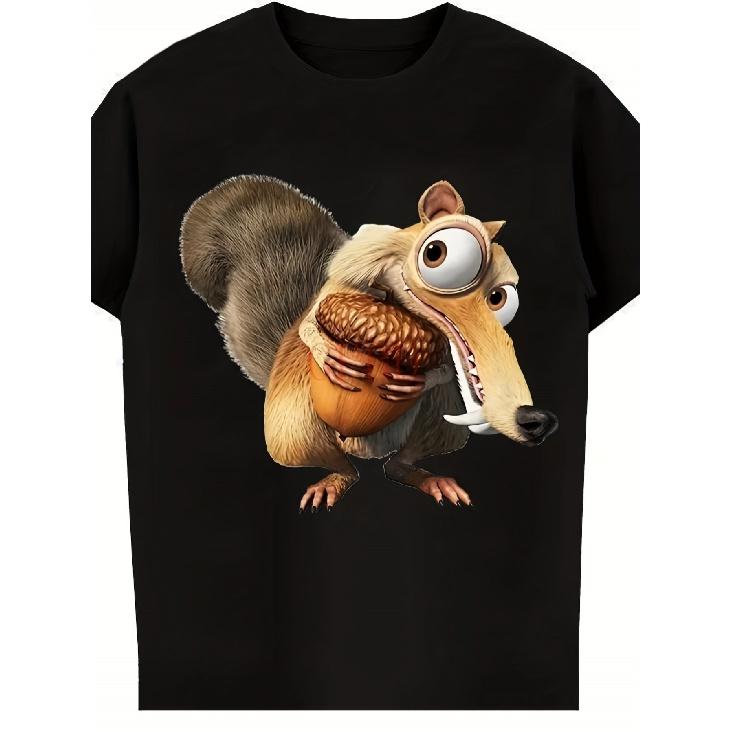 Age Scrat Squirrel Graphic T-Shirt- Fun Cartoon Design with Words I not a Dinosaur Printed on It. Black Casual Crew Neck T-shirt, Suitable All S