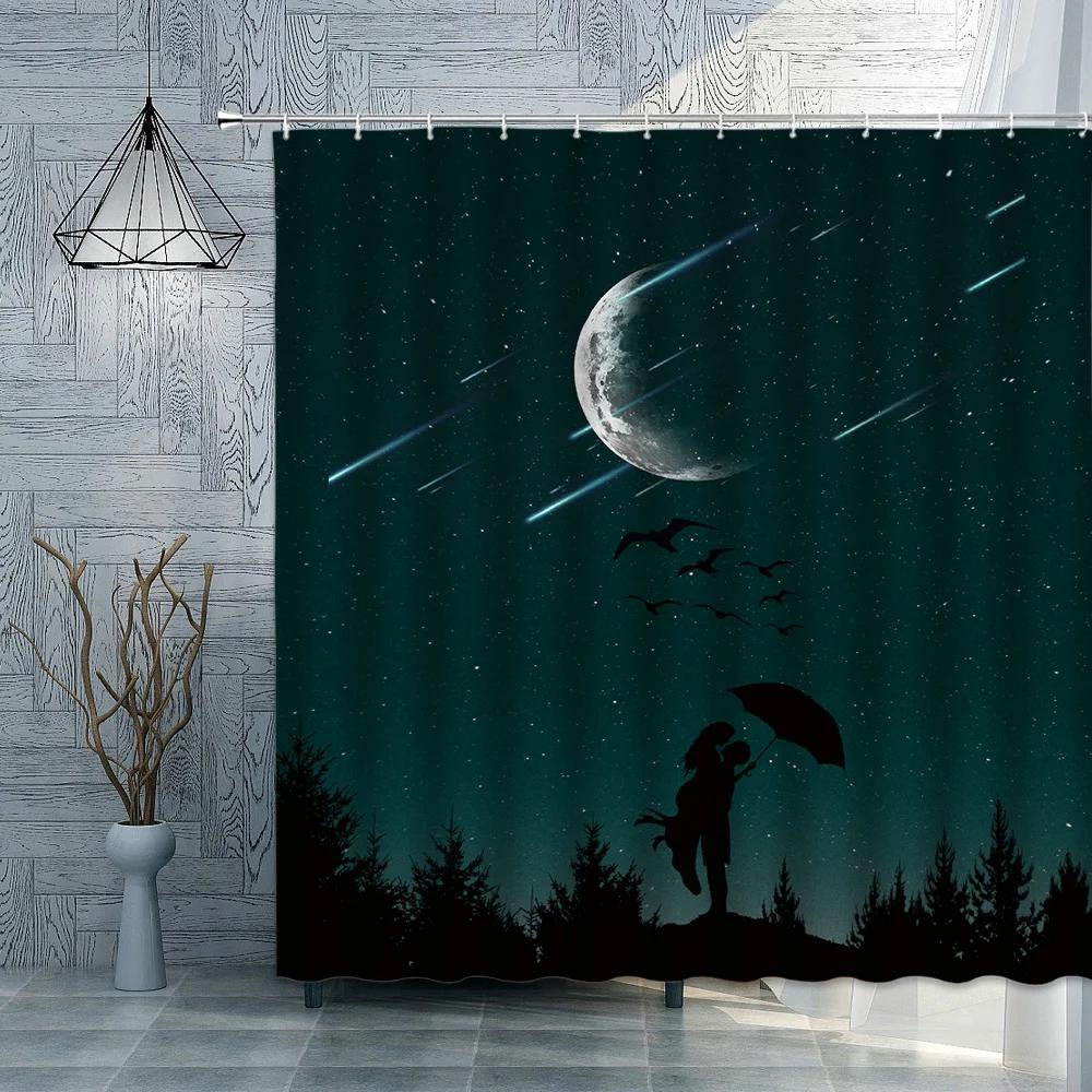 Romantic Lover Shower Curtains Moon Couple Waterproof Polyester Fabric Bathroom Curtain 3D Valentine's Day Decoration