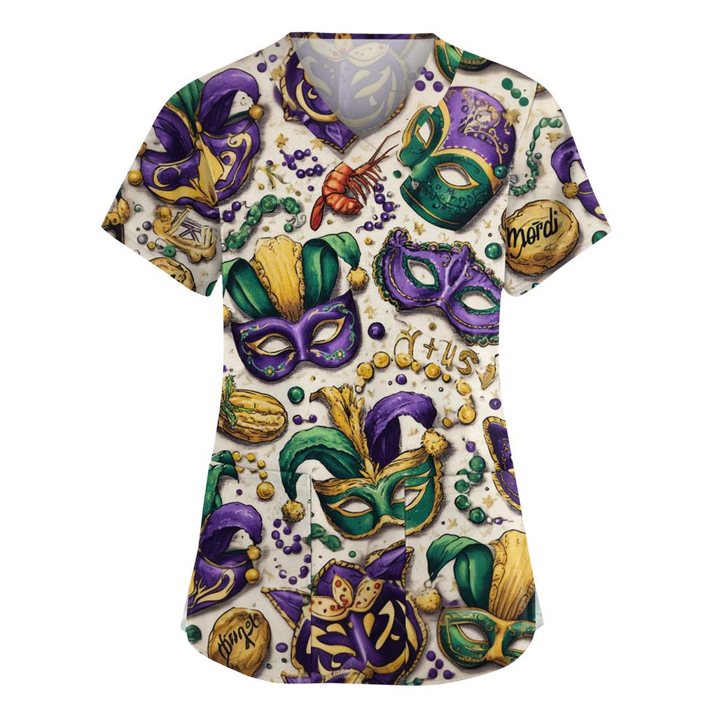 Dammode V-ringad Kortärmad Overall Med Fickor Tryckta Toppar Kläder