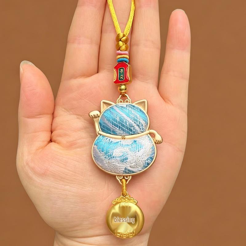 Lucky Cat Car Pendant: New Style Brocade Peace Charm for High-End Car Interiors