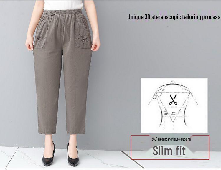 Mom's Cotton Embroidered Nine-Point Pants for Seniors, Casual Straight-Leg Pants for Spring & Autumn