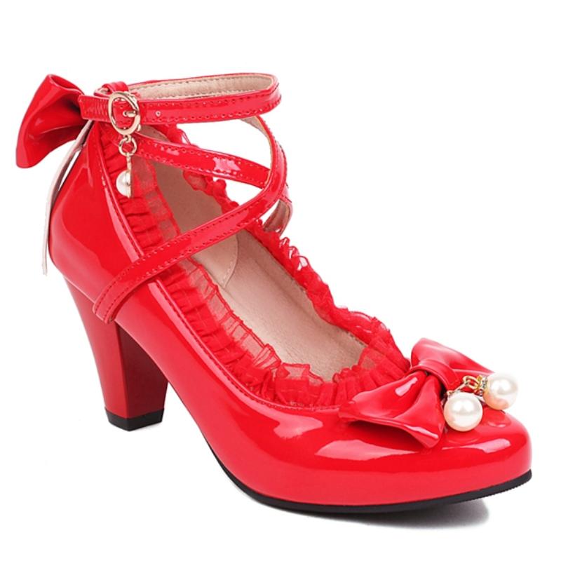 Red Women's Heels Mary Janes Lolitas Shoes Luxury Crystal Black White Block Heeled Party Wedding Shoes Female Pumps Big Size 45