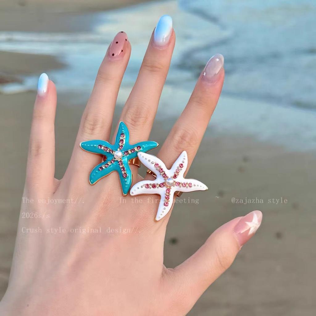Double star moon collection~ starfish drip glaze ocean ring female unique beautiful exaggerated index finger ring niche seaside accessories