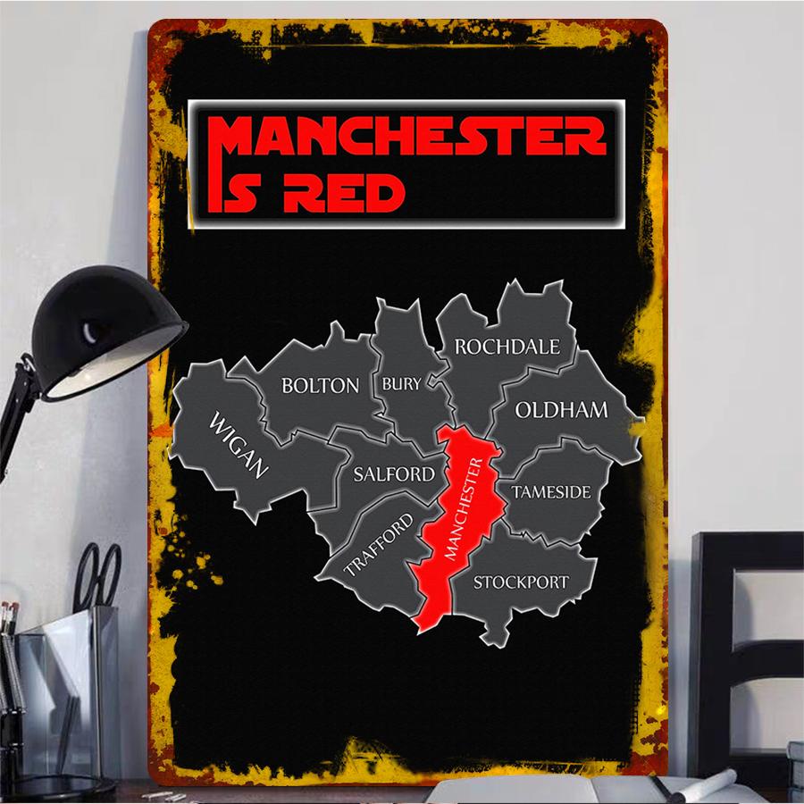 Manchester Is Red Custom Metal Wall Art Football Fan Decor Mancunian Area Map Poster