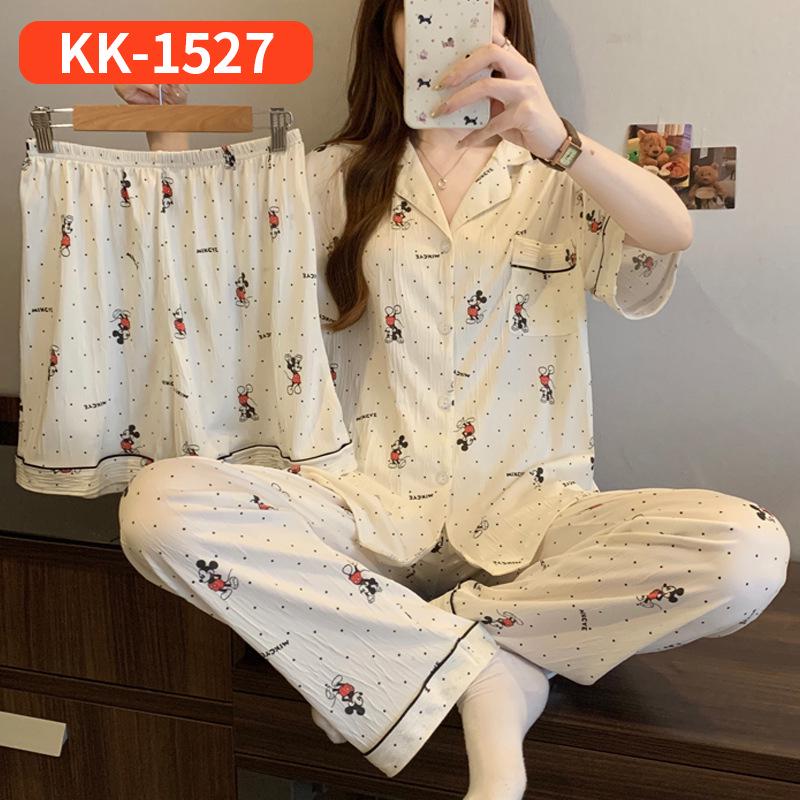 Sweet Striped Bow Print Korean Style Crinkle Pajamas Set for Women - Three-Piece, Short Sleeve Homewear.