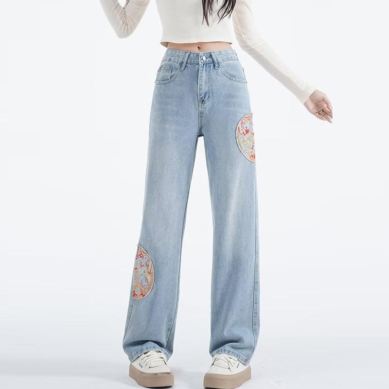 Loose Straight Jeans Women's Light Color New National Style Embroidery Design New Chinese High Waist Mopping Wide Leg Trousers
