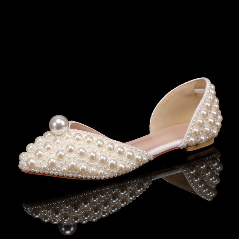 Fashion Luxury Handmade Full Pealrs Beading Women Flats Pumps Elegant Pointed Toe Party Banquet for Girls Fashion Wedding Bridal Shoes