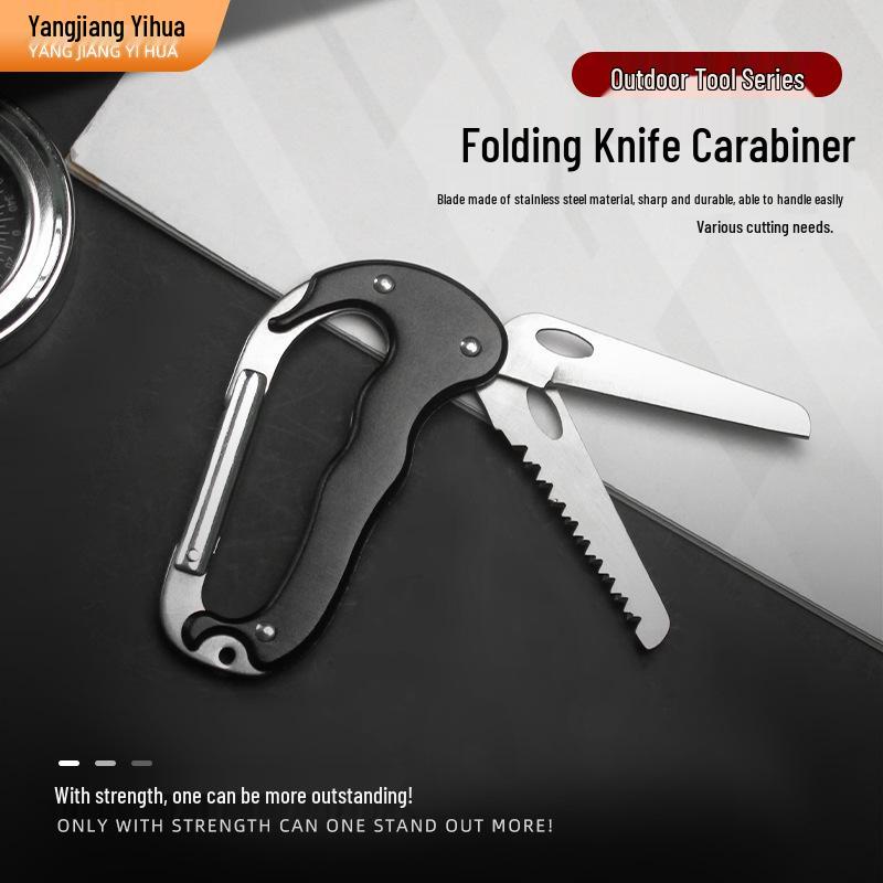 All-aluminum D-shaped Carabiner with Dual-opening Knife, Quick-release Lock, and Multi-functional Buckle for Climbing and Camping.