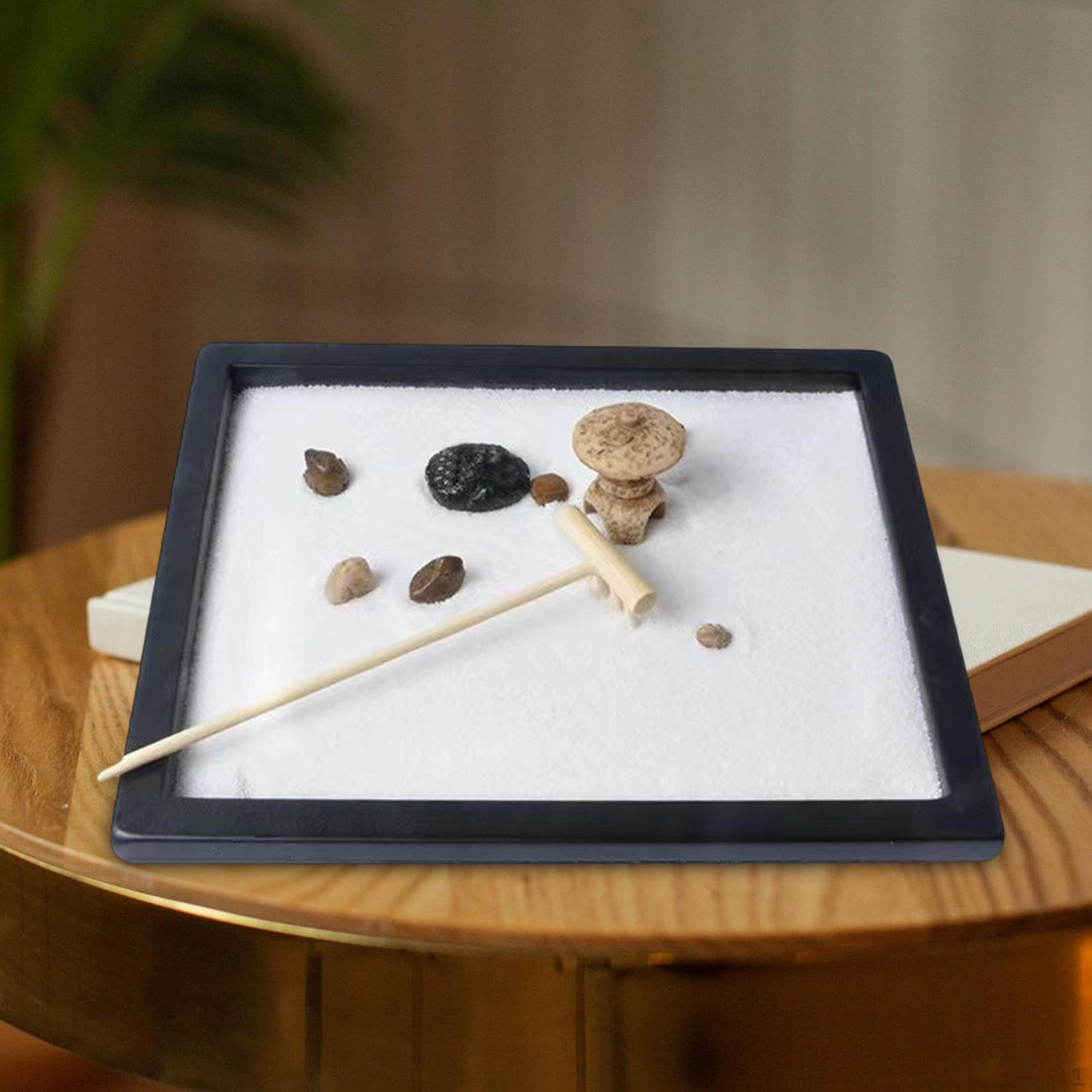

Mini Desk Decoration Relaxation Accessories Set Pagoda Wooden Tray Miniatures Rocks White Sand Rake