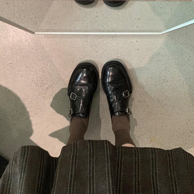 Sheepskin~ Double-button genuine leather British small leather shoes for women lazy people, one pedal, platform loafers, Brock engraved single shoes