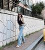 Jeans Femei Stil Song Ji-a Albastru Deschis cu Picior Larg - Largi și Fluizi, Subțiri de Vară, Pantaloni Lungi până la Sol