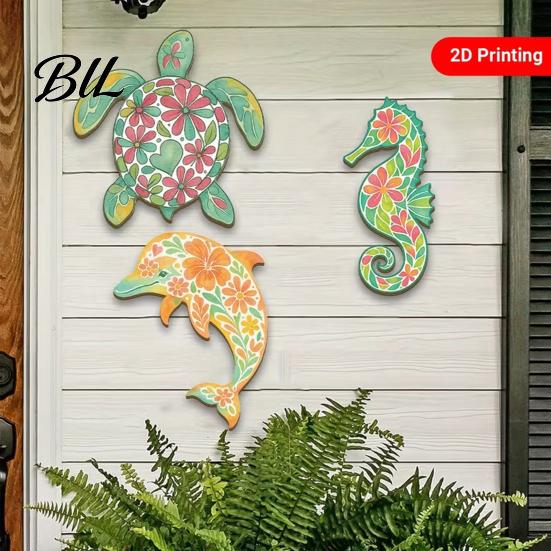 Pastoral Room Decor 3 Pcs Ocean Beach Themed Wall Art Wooden Sea Turtle Seahorse Dolphin Hand-painted Artwork Hanging Vintage Coastal Sculpture