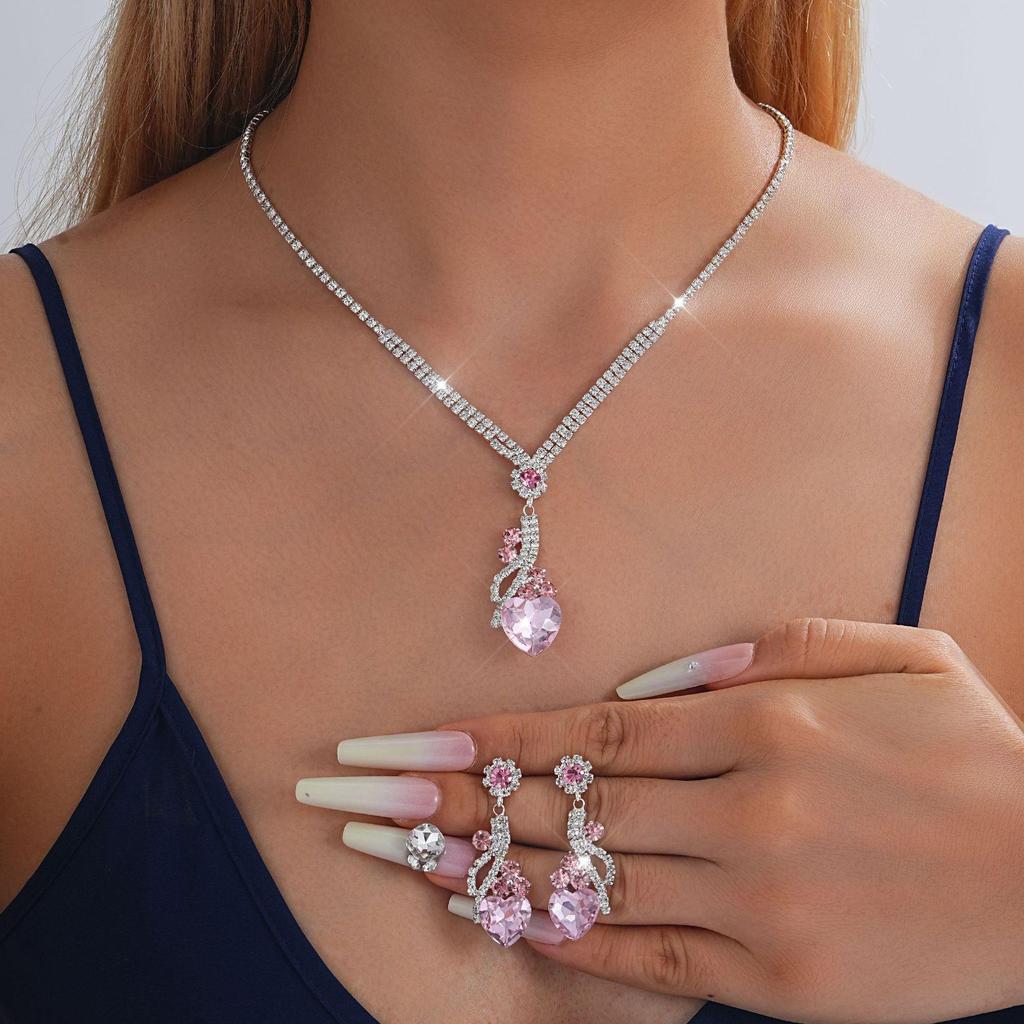 European-American Rhinestone Teardrop Necklace & Earring Set: Korean-Style Bridal Temperament Collarbone Chain Jewelry for Women