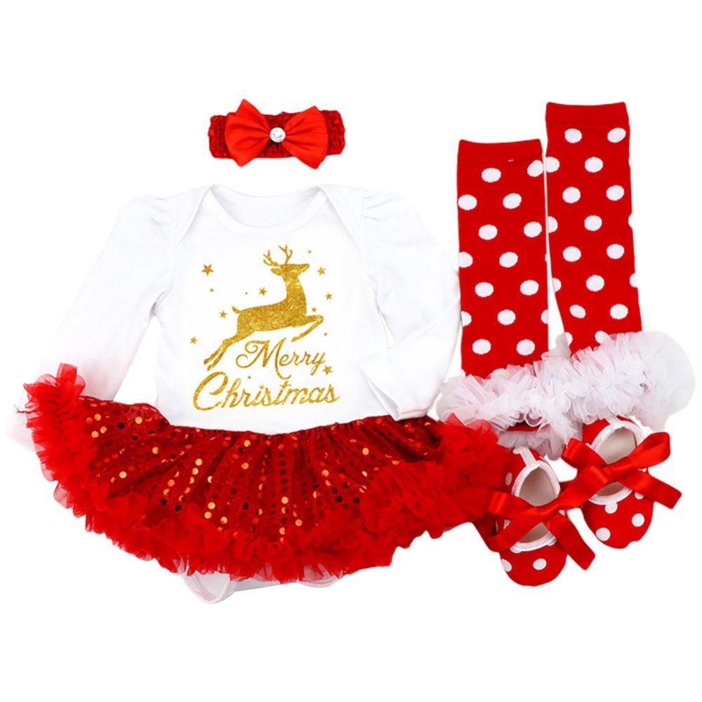 

Рождественская одежда для маленьких девочек, костюм из 4 предметов, комбинезон для новорожденных, платье-пачка, повязка на голову, гетры, обувь, одежда для малышей