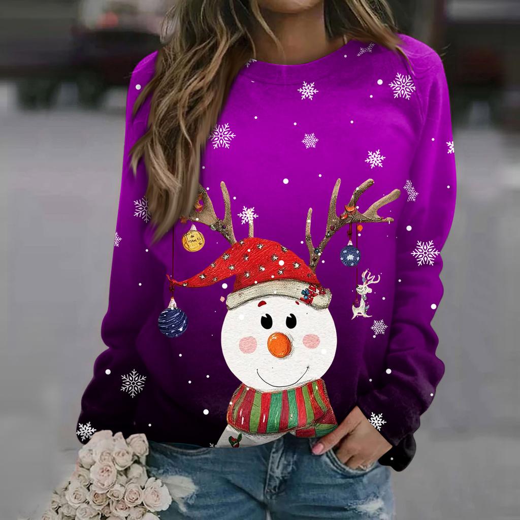 Women's Fashion Casual Long Sleeve Christmas Printed Neck Sweatshirt Top
