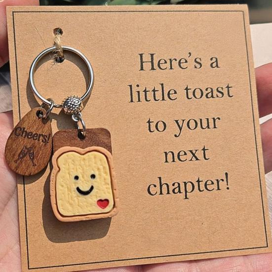 Wooden Toast Keychain with Card Cartoon Bread Slices Key Ring Backpack Schoolbag Hanging Decoration Bag Charm Purse Pendant New Beginnings Gifts