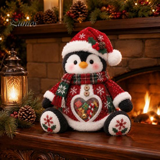 Plush Candy Storage Box Christmas Snack Bag, Clear Heart Window Doll with Back Zipper, Holiday Cookie Gift Soft Knitted Ornament Holder, Decorative