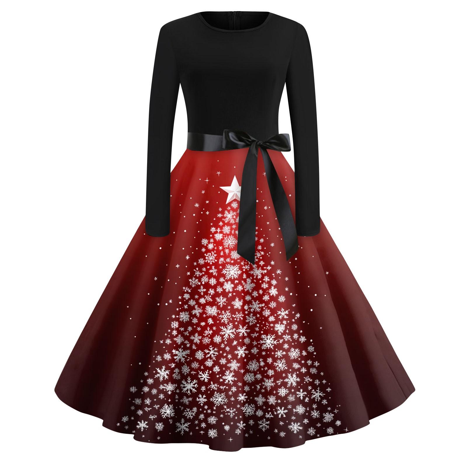 

Женская мода с круглым вырезом, повседневные тонкие рождественские платья с длинным рукавом и принтом S винный