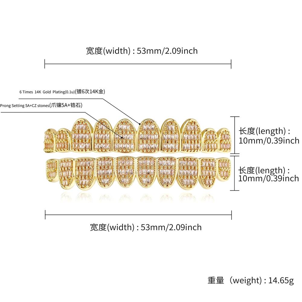 Full Paved 3 Rows T Square CZ Grillz 10 Teeth Brass Real Gold Plated Hip Hop Cool Rapper Teeth Grills Halloween Cosplay Bulk