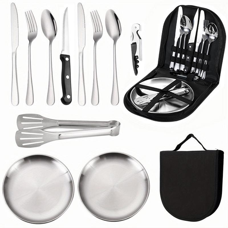 Stainless Steel Outdoor Cutlery Set with BBQ Plate, Tongs, Camping Knife, Fork, Spoon, and Portable Storage Bag