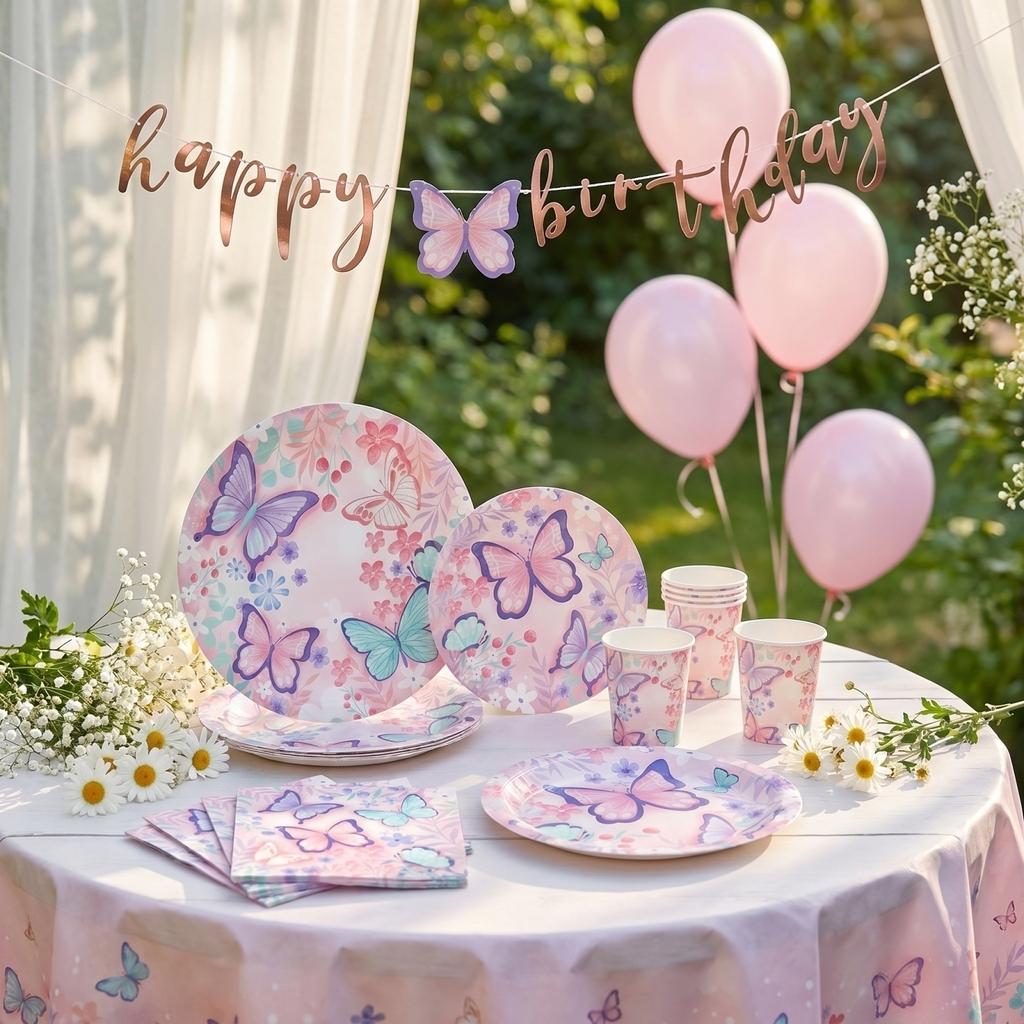 Schmetterling Thema Geburtstagsparty Zubehör Set Enthält Teller Becher Servietten Tischdecke für Kinder Party Dekoration Geschirr Set