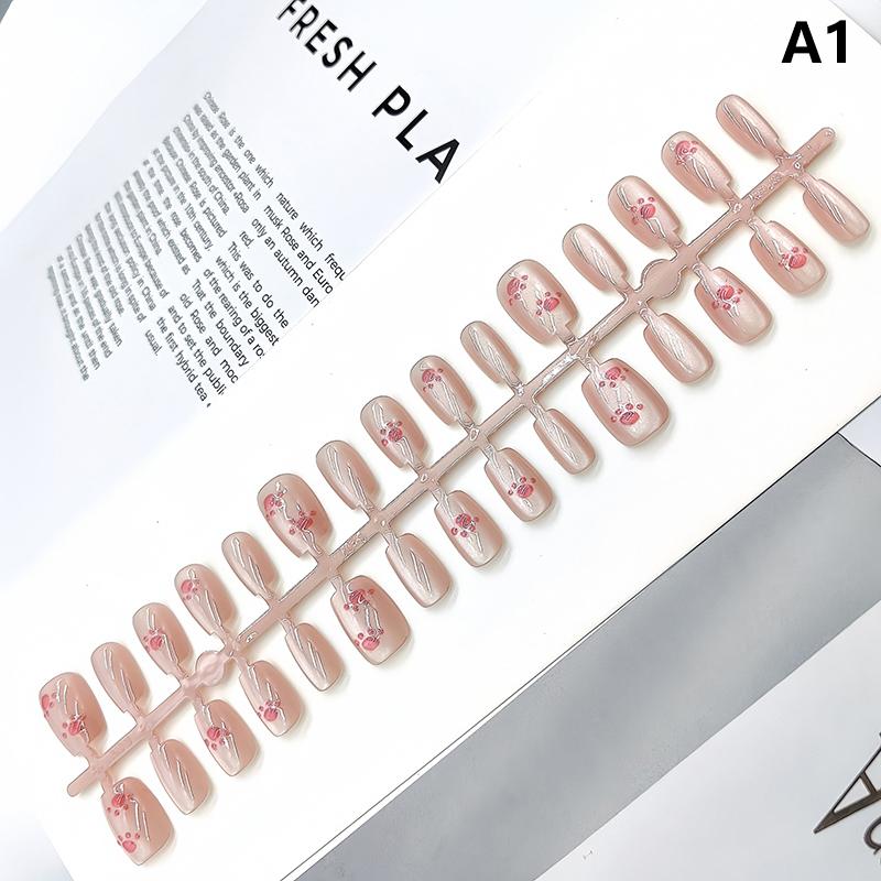 30Pcs Short Square False Nails Cat Paw Petal Design Wearable Fake Nails Simple Artificial Press On Nails Tips Art Decoration