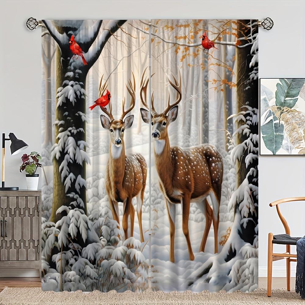 Christmas Elk Snow Curtains Hd Digital Print Design Living Room Bedroom Study Window Decor Curtain Set Of 2 Made Polyester With Rod Pocket Washable