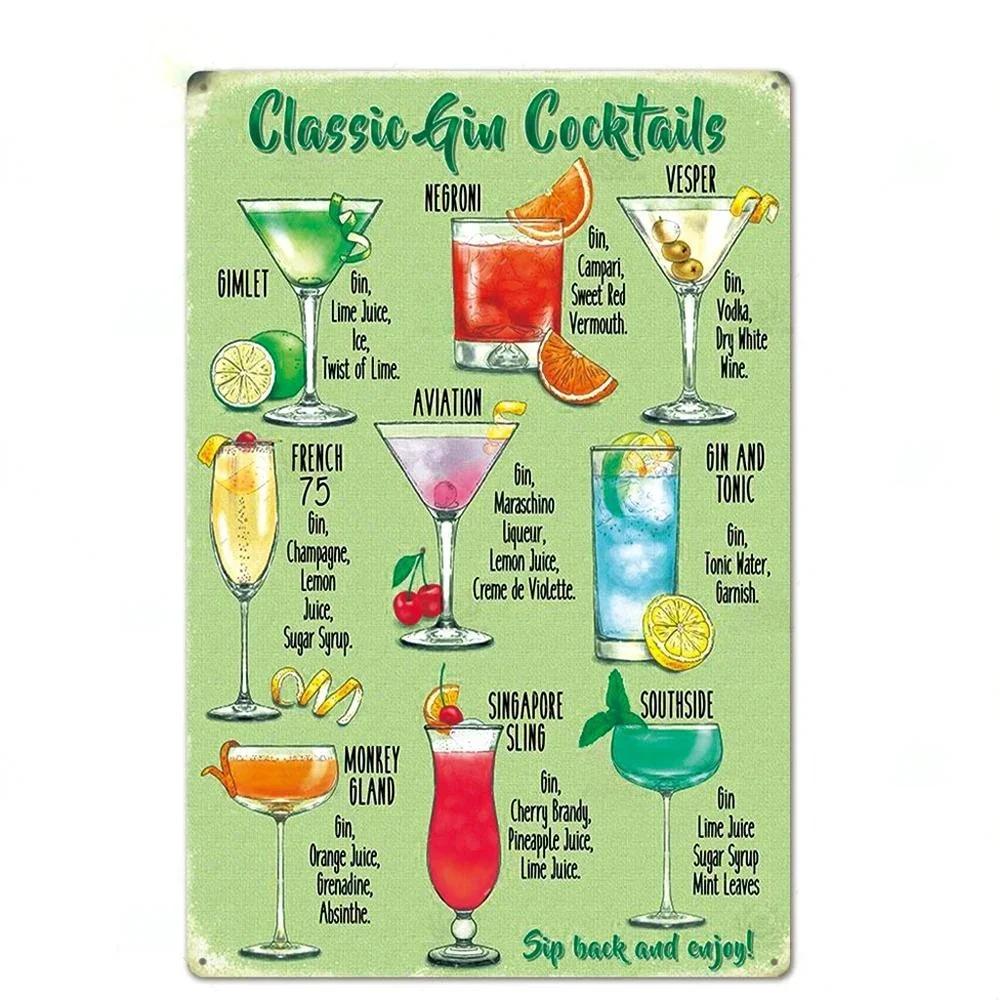 Cocktail Posters Decor Vintage Metal Tin Signs Plaque Metal Sign Wall Decor for Man Cave Bar Pub Club
