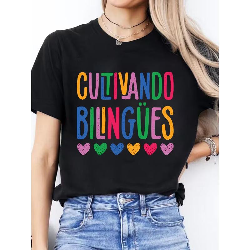 

Women s Spanish Alphabet & - Letter Print T-Shirt - Spanish Language Learning, Casual Round Neck Short Sleeve Blouse 4XL чорний