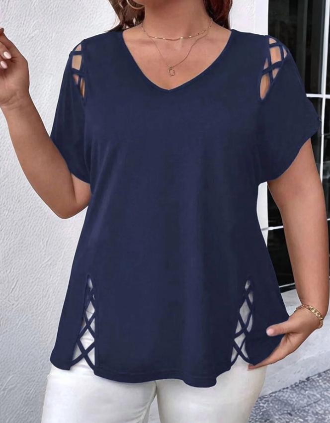 Women V Neck Short Sleeve Top Side Cut Out Design Casual Blouse Multiple Colors