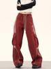 Women's Retro Color Block Hip Hop Cargo Sweatpants - Loose Wide-Leg Floor-Length