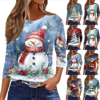 Women's Tops Seven Sleeve Shirt Round Neck Loose Christmas Snowman Christmas Tree Printed T-Shirt