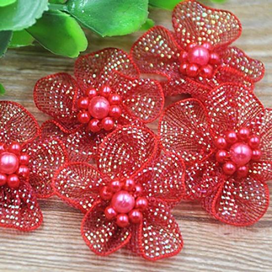 10Pcs Mixed Color Mini Organza Ribbon Bead Flower Wedding DIY Craft Appliques