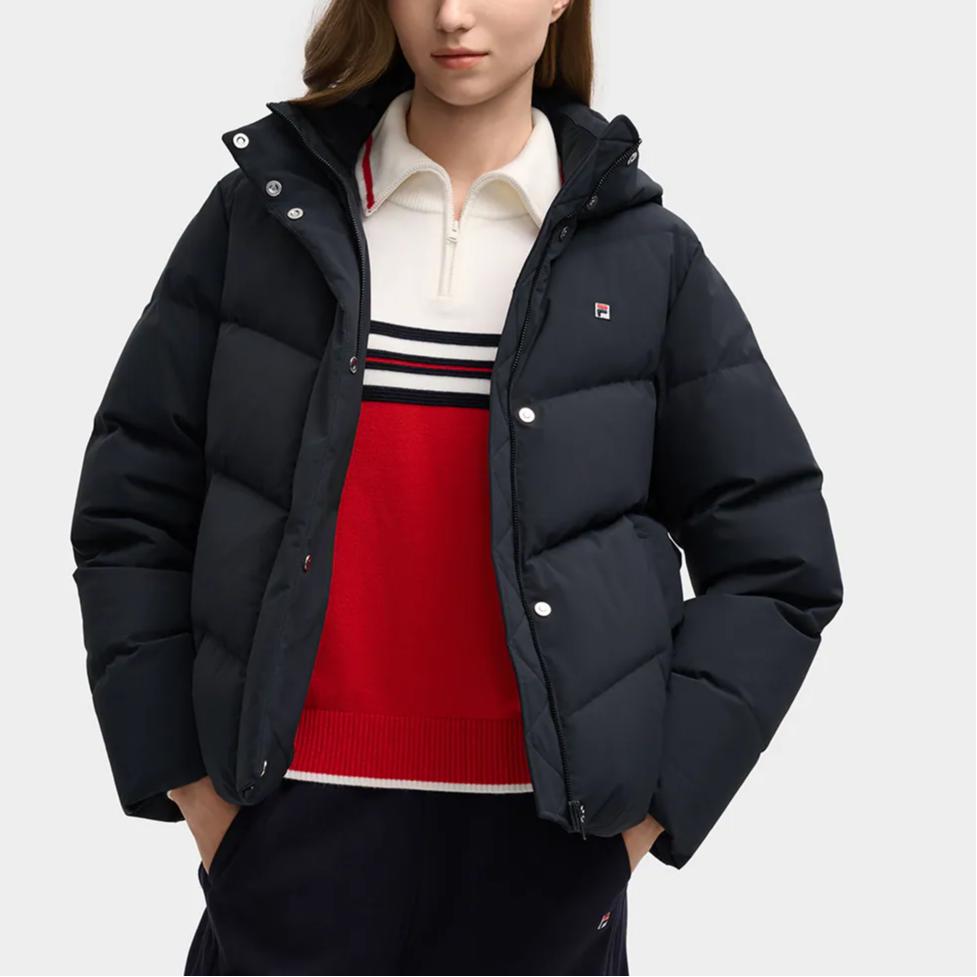 Fila Heritage Casual Elegant Fashion Versatile Duck Down Warm Padded Hooded Down Jacket Women Outerwear Legendary-Blue F11W548902FNV
