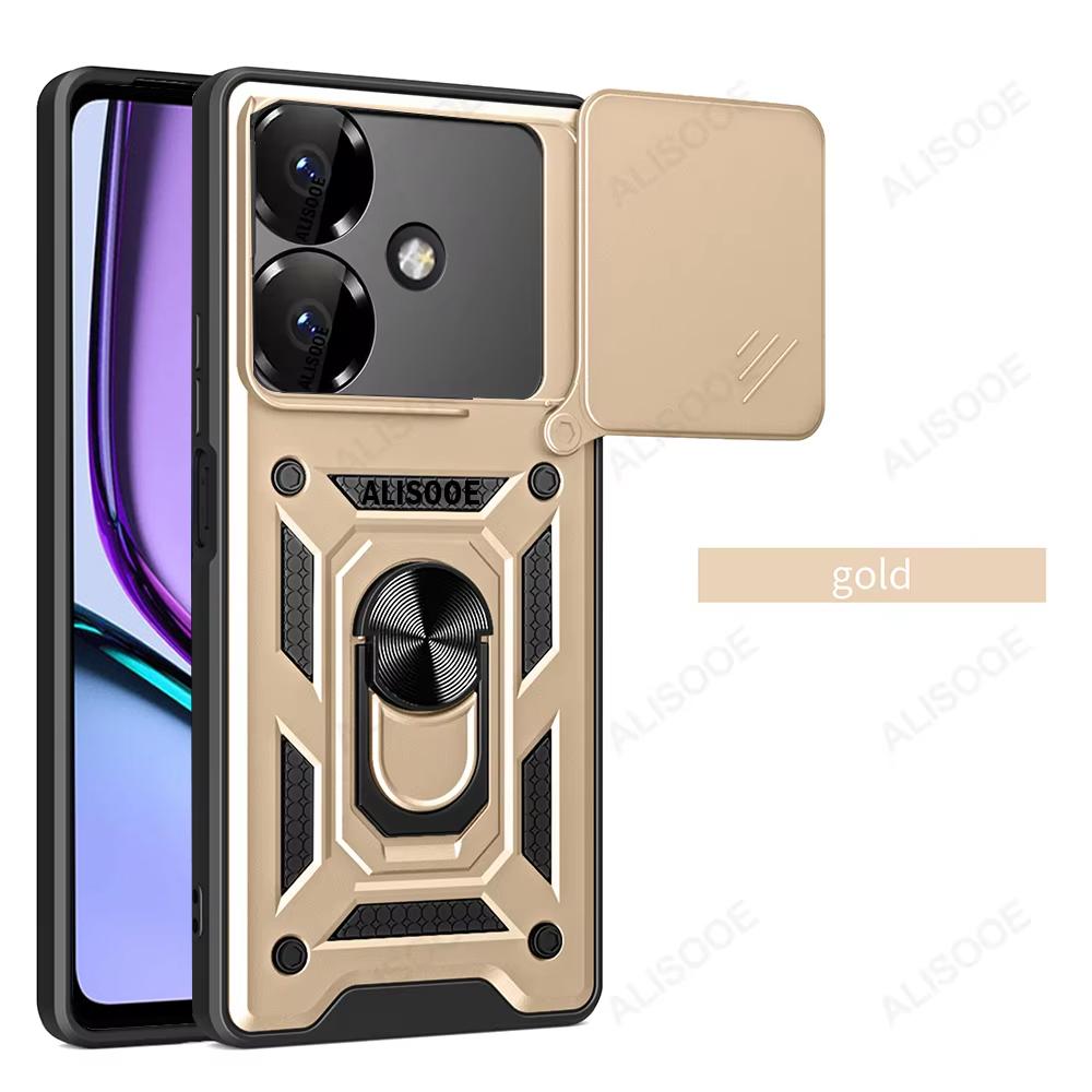 

Слайд-камера Funda для Realme Narzo N61 4G Чехол Push Lens Ring Stand Защитный чехол для Realme Note 60 4G Противоударный чехол Realme Note 60 4G золотой
