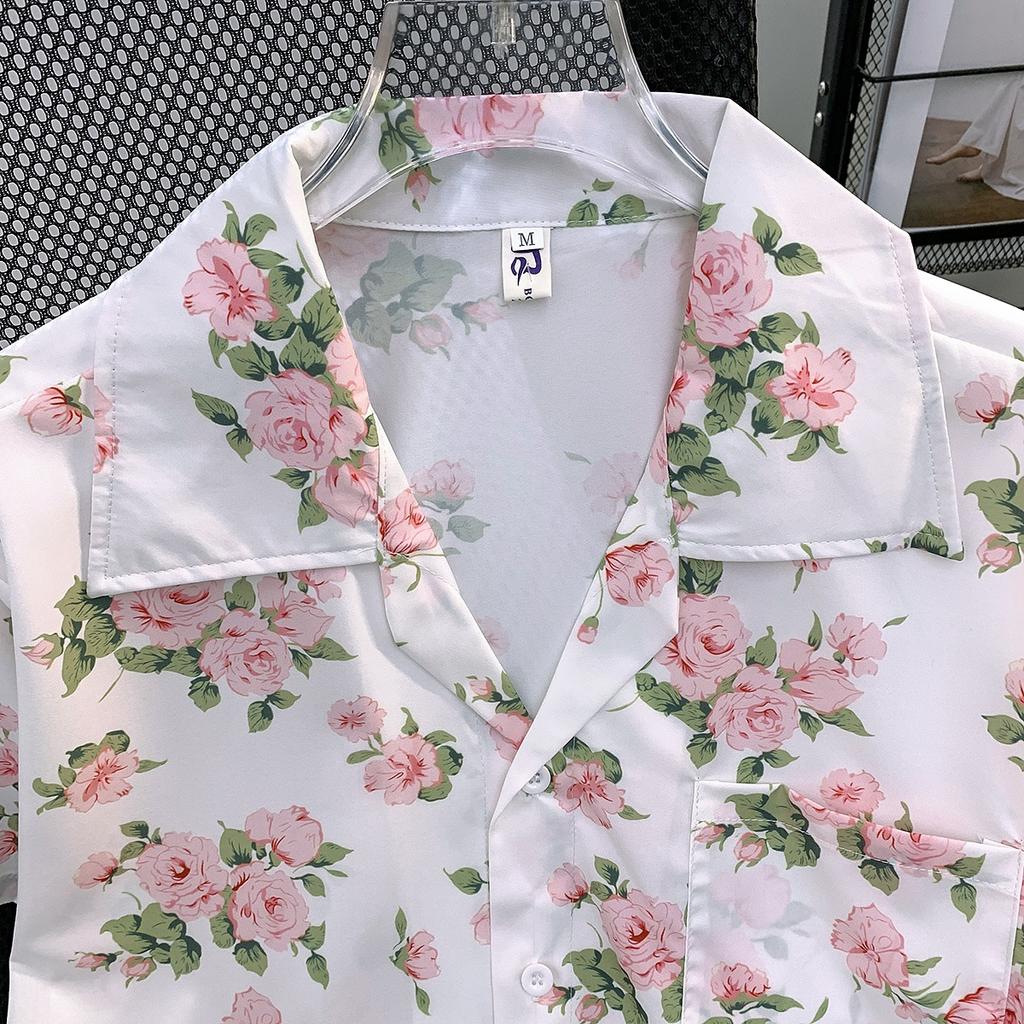 Summer Draping Floral Print Short Sleeve Shirt Men's Niche Loose Korean Style Hawaiian Cuban Collar Shirt Half Sleeve Top