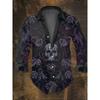 Camicia Casual da Uomo Vintage Nera con Stampe Teschio Scuro Manica Lunga-Stampa Teschio, Vestibilità Regolare, Collo a Revers, Miscela di Poliestere