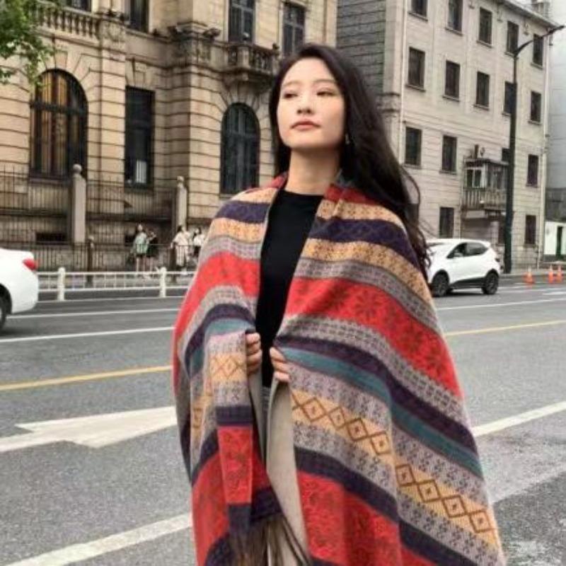Travel Ethnic Style Striped Faux Cashmere Thick Scarf Fashionable Versatile Windproof Scarf for Women