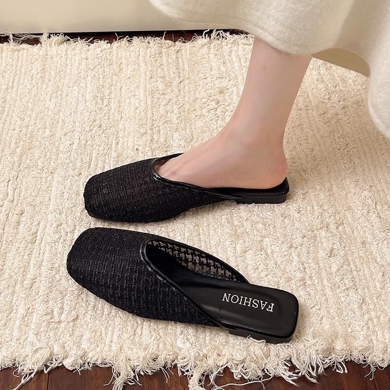 

Корейская версия тонких каблуков тапочек 2025 женская верхняя одежда весна-лето мода стиль фея сумка голова перетаскивание универсальный средний каблук женские классные sl 35 чёрный